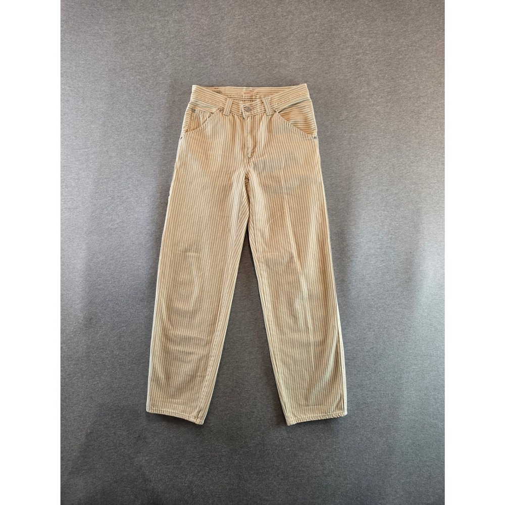 Levis Premium Dad Utility Pants Womens 23 Tan White Pinstripe Carpenter Straight